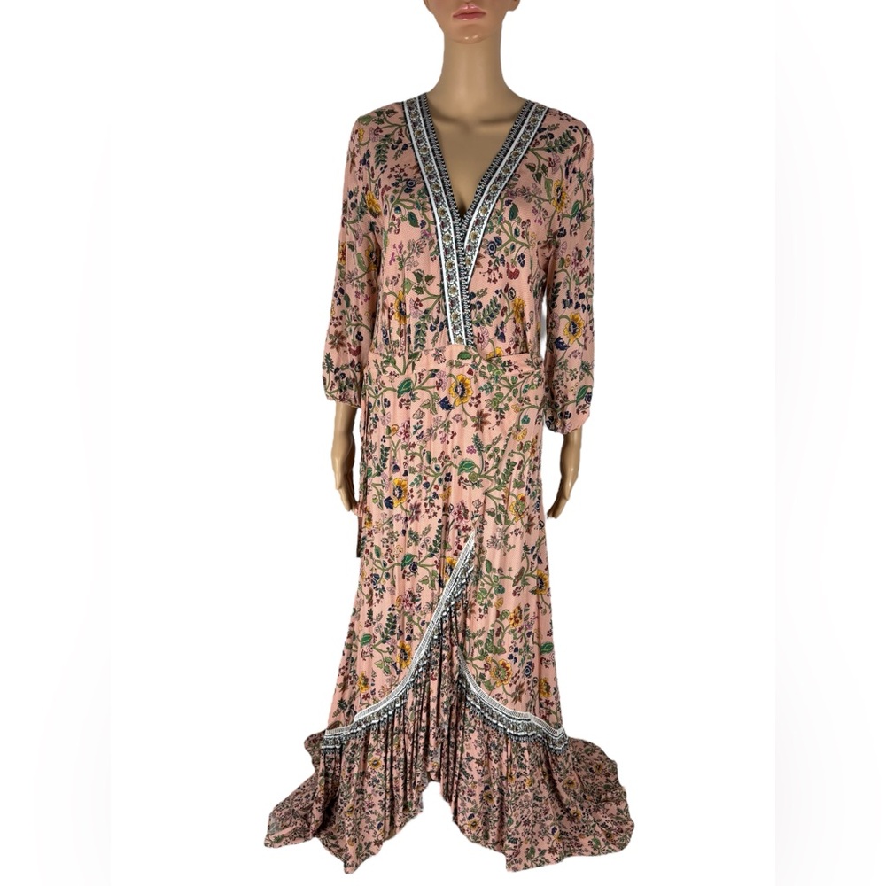 Farm Rio Anthropologie Clara Wrap Maxi Dress Medium Pink Floral Ruffle Boho EUC - Picture 2 of 9
